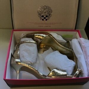 Gold Vince Camuto ankle strap leather fete gold crinkle stiletto